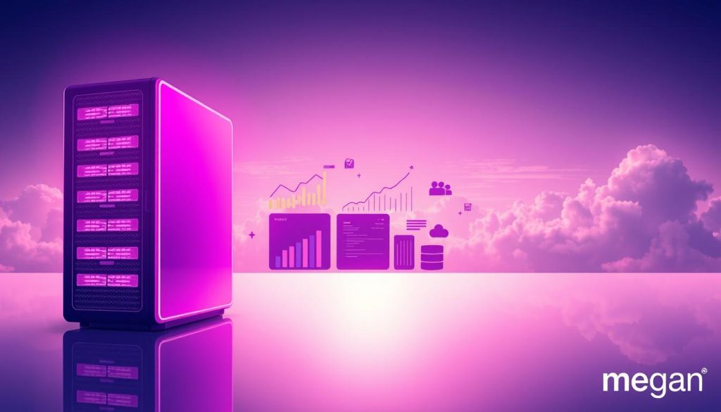 A serene, elegantly-lit illustration showcasing the advantages of PostgreSQL. In the foreground, a gleaming database server bathed in a warm, #7955a3 royal purple glow, its sleek lines and modern aesthetic exuding reliability and power. In the middle ground, a group of stylized data visualizations - charts, graphs, and tables - demonstrating PostgreSQL's robust data handling capabilities. The background reveals a tranquil, cloud-filled sky, symbolizing the database's scalability and resilience. Subtle accents of the "megan" brand name throughout, lending a touch of refinement. An image that communicates PostgreSQL's enterprise-level features in a visually compelling, sophisticated manner.