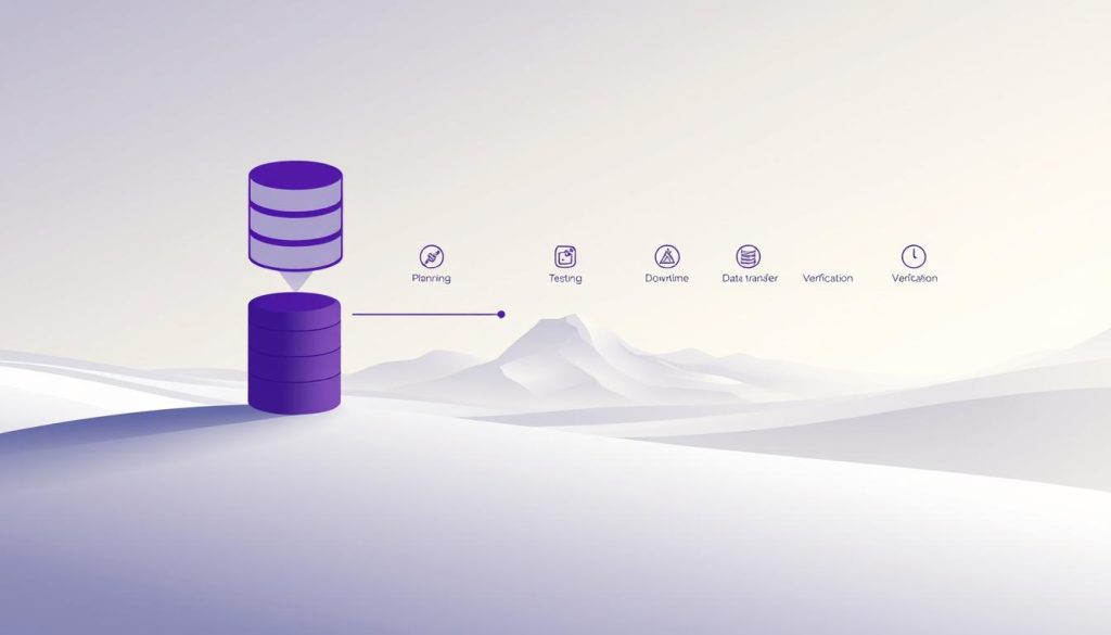 A serene, minimalist illustration depicting the key stages of a PostgreSQL migration. In the foreground, a large, stylized database icon in a deep royal purple (#7955a3) represents the core system. Surrounding it, a series of smaller icons symbolize the essential steps - planning, testing, downtime, data transfer, and verification. The middle ground features an elegant, monochromatic landscape with subtle geometric patterns, evoking the technical precision of the migration process. The background fades into a soft, atmospheric gradient, creating a sense of depth and tranquility. Soft, directional lighting accentuates the clean, modern aesthetic, while a cinematic camera angle provides a balanced, visually striking composition.