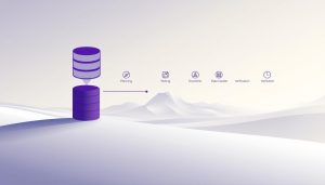 A serene, minimalist illustration depicting the key stages of a PostgreSQL migration. In the foreground, a large, stylized database icon in a deep royal purple (#7955a3) represents the core system. Surrounding it, a series of smaller icons symbolize the essential steps - planning, testing, downtime, data transfer, and verification. The middle ground features an elegant, monochromatic landscape with subtle geometric patterns, evoking the technical precision of the migration process. The background fades into a soft, atmospheric gradient, creating a sense of depth and tranquility. Soft, directional lighting accentuates the clean, modern aesthetic, while a cinematic camera angle provides a balanced, visually striking composition.