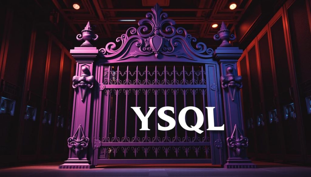 A stately, ornate firewall stands guard over a MySQL database, its regal purple hue emanating a sense of power and protection. The firewall's intricate metalwork and sturdy construction command attention, hinting at the robust security measures safeguarding the sensitive data within. The scene is illuminated by a warm, focused light, casting dramatic shadows and highlighting the firewall's imposing presence. In the background, a dimly lit server room sets the stage, underscoring the critical role of this defensive barrier in maintaining the integrity and confidentiality of the MySQL database.