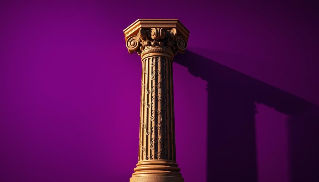 A towering, ornate column stands alone, its stark nakedness a stark contrast against a regal, purple-hued backdrop. The column's surface is marked with intricate, swirling patterns, hinting at the complexities within. Shadows cast by the column's form create a sense of depth and dimension, emphasizing its imposing presence. The lighting is dramatic, with warm highlights accentuating the column's curves and sharp edges, while deeper shadows lend an air of mystery and foreboding. The composition draws the viewer's eye to the column, inviting them to contemplate its role and the potential issues it might pose in a database context.