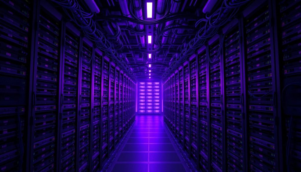 A vast, meticulously organized PostgreSQL database server, its storage spaces arranged in a visually striking, symmetrical layout. Towering server racks in a dimly lit, futuristic data center, bathed in a regal, Royal Purple (RGB #7955a3) glow. Intricate cable management systems snake through the racks, connecting the various storage volumes and components. The scene conveys a sense of technological sophistication and the critical importance of efficient space management for optimal database performance and reliability.