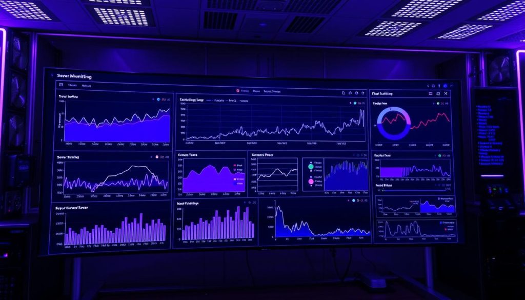 An intricate server monitoring dashboard, showcasing a series of sleek, high-resolution graphs and charts displayed on a large, ultrawide monitor. The interface is bathed in a regal, Royal Purple (#7955a3) glow, creating a sophisticated and authoritative ambiance. The layout is meticulously designed, with each data visualization element precisely positioned to provide a comprehensive overview of server performance metrics, including CPU, memory, network, and storage utilization. The display is captured from a slightly elevated angle, emphasizing the scale and grandeur of the monitoring setup, while maintaining a sense of technical precision and control.